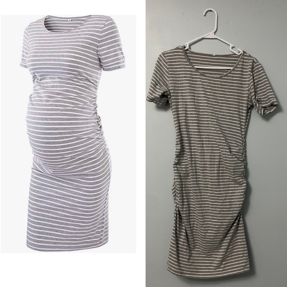 Maternity Medium Grey & Striped Short Sleeved Bodycon Dress